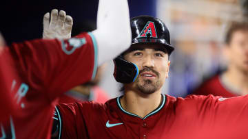 Aug 20, 2024; Miami, Florida, USA; Arizona Diamondbacks right fielder Corbin Carroll (7) celebrates after hitting a home run against the Miami Marlins during the fifth inning at loanDepot Park. Mandatory Credit: Sam Navarro-USA TODAY Sports