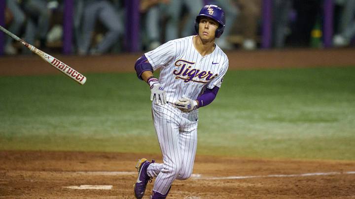 Apr 28, 2026; Baton Rouge, LA, USA;  Louisiana State Tigers outfielder Derek Curiel (6) walks against the Southeastern Louisiana Lions at Alex Box Stadium. Mandatory Credit: Matthew Hinton-Imagn Images