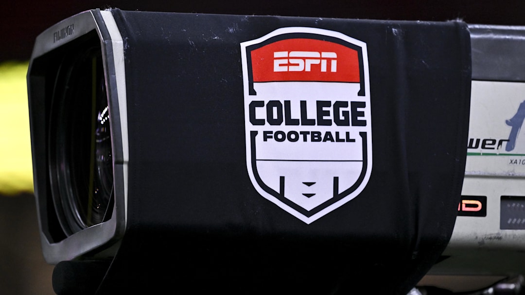 A detailed view of the ESPN College Football logo on a TV camera prior to the game between the Houston Cougars and the LSU Tigers