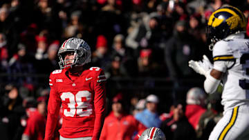 Ohio State Buckeyes place kicker Jayden Fielding (38) reacts after missing a field goal during the first half of Saturday’s NCAA Division I football game against the Michigan Wolverines.
