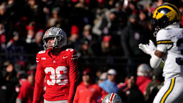 Ohio State Buckeyes place kicker Jayden Fielding (38) reacts after missing a field goal during the first half of Saturday’s NCAA Division I football game against the Michigan Wolverines.