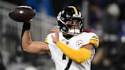 Jan 11, 2025; Baltimore, Maryland, USA; Pittsburgh Steelers quarterback Justin Fields (2) warms up before an AFC wild card game against the Baltimore Ravens at M&T Bank Stadium. Mandatory Credit: Tommy Gilligan-Imagn Images