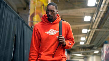 Oct 30, 2025; San Antonio, Texas, USA; Miami Heat forward Bam Adebayo (13) enters Frost Bank Center before a game against the San Antonio Spurs. Mandatory Credit: Scott Wachter-Imagn Images