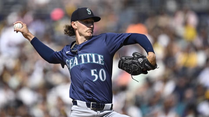 Jul 10, 2024; San Diego, California, USA; Seattle Mariners starting pitcher Bryce Miller (50) pitches against the San Diego Padres during the first inning at Petco Park. Mandatory Credit: Orlando Ramirez-USA TODAY Sports