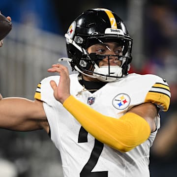 Jan 11, 2025; Baltimore, Maryland, USA; Pittsburgh Steelers quarterback Justin Fields (2) warms up before an AFC wild card game against the Baltimore Ravens at M&T Bank Stadium. Mandatory Credit: Tommy Gilligan-Imagn Images