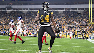 Oct 28, 2024; Pittsburgh, Pennsylvania, USA; Pittsburgh Steelers wide receiver George Pickens (14) celebrates a touchdown pass that was called back for a penalty against the New York Giants during the first half at Acrisure Stadium. Mandatory Credit: Barry Reeger-Imagn Images