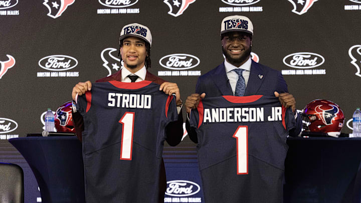 Apr 28, 2023; Houston, TX, USA; From left to right, Houston Texans quarterback CJ Stroud (left), second overall pick in the 2023 NFL Draft, and Texans linebacker Will Anderson Jr., third overall pick in the 2023 NFL Draft, pose for a photo at a press conference at NRG Stadium. Mandatory Credit: Thomas Shea-Imagn Images