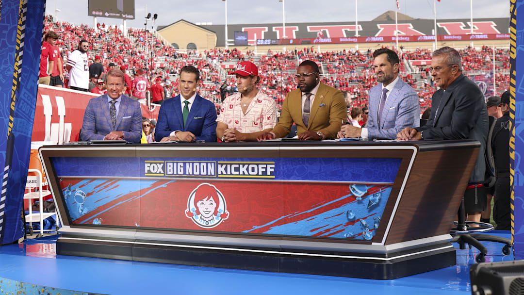 The Fox Big Noon Kickoff broadcast team before the game between the Utah Utes and the Texas Tech Red Raiders at Rice-Eccles Stadium