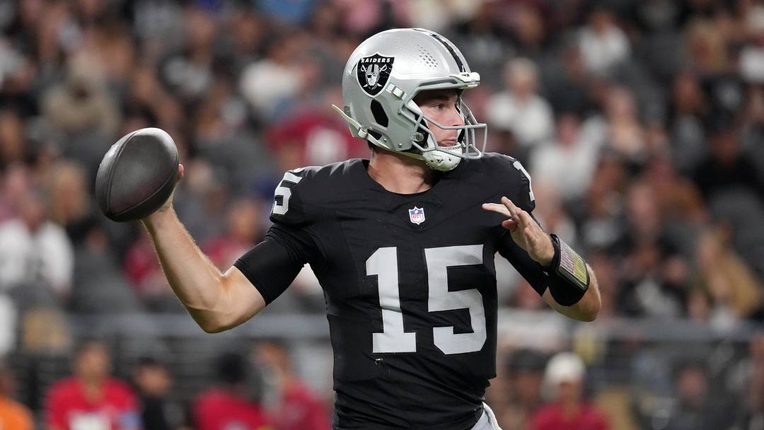 Aug 13, 2026; Paradise, Nevada, USA; Las Vegas Raiders quarterback Fernando Mendoza (15) throws the ball Arizona Cardinals in the second half at Allegiant Stadium. Mandatory Credit: Kirby Lee-Imagn Images