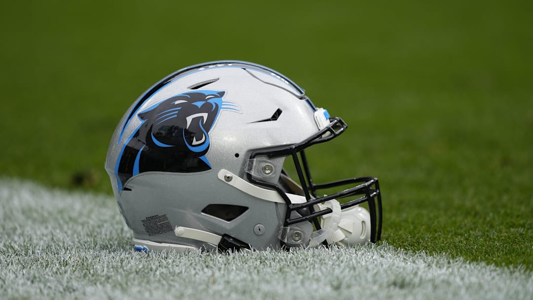 Nov 2, 2025; Green Bay, Wisconsin, USA;  Carolina Panthers helmet before a game against the Green Bay Packers at Lambeau Field. Mandatory Credit: Jeff Hanisch-Imagn Images