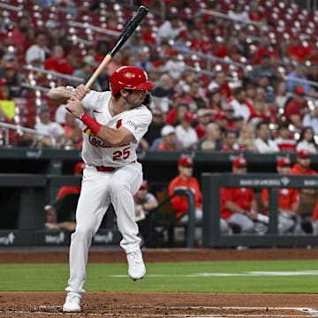 Sep 10, 2024; St. Louis, Missouri, USA;  St. Louis Cardinals shortstop Thomas Saggese (25) bats in his Major League debut during the second inning against the Cincinnati Reds at Busch Stadium. Mandatory Credit: Jeff Curry-Imagn Images