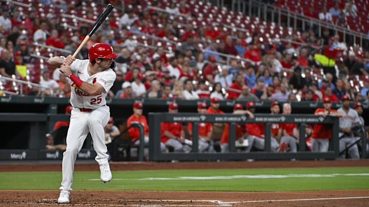 Sep 10, 2024; St. Louis, Missouri, USA;  St. Louis Cardinals shortstop Thomas Saggese (25) bats in his Major League debut during the second inning against the Cincinnati Reds at Busch Stadium. Mandatory Credit: Jeff Curry-Imagn Images