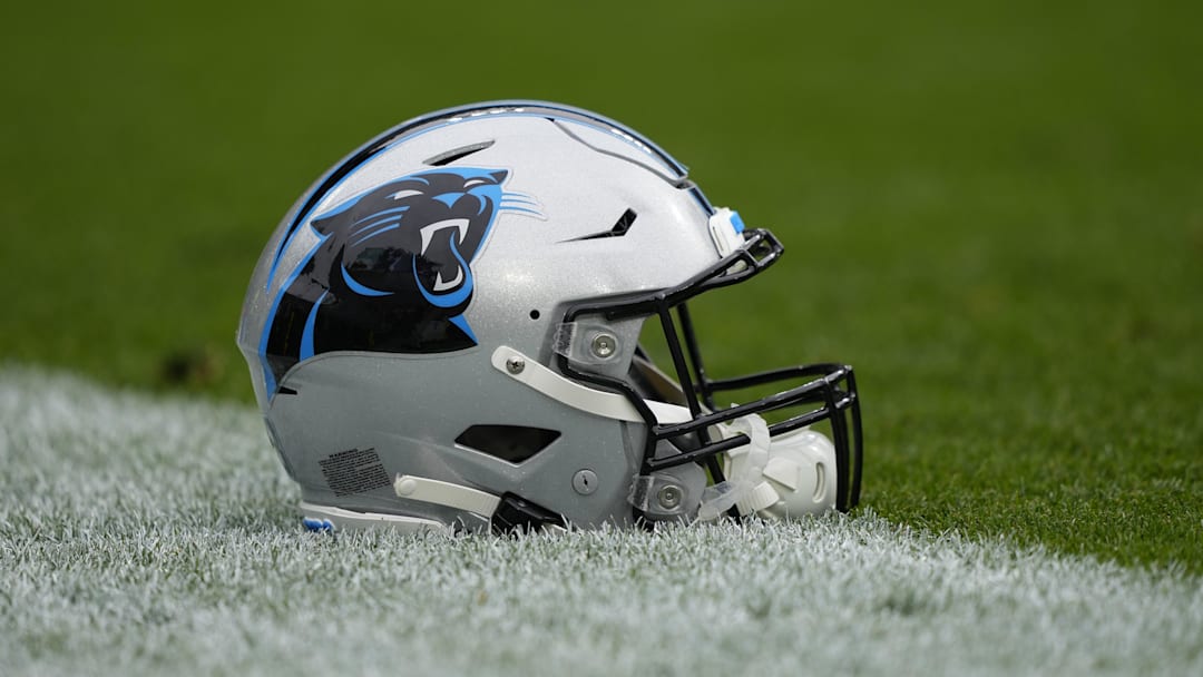 Nov 2, 2025; Green Bay, Wisconsin, USA;  Carolina Panthers helmet before a game against the Green Bay Packers at Lambeau Field. Mandatory Credit: Jeff Hanisch-Imagn Images