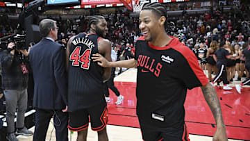 Jan 27, 2025; Chicago, Illinois, USA;  Chicago Bulls forward Patrick Williams (44) and forward Dalen Terry (25) after a game against the Denver Nuggets at the United Center. Mandatory Credit: Matt Marton-Imagn Images