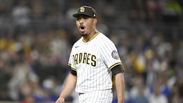 Apr 15, 2025; San Diego, California, USA; San Diego Padres relief pitcher Jeremiah Estrada (56) celebrates after pitching during the seventh inning against the Chicago Cubs at Petco Park. Mandatory Credit: Denis Poroy-Imagn Images