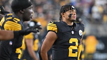 Oct 28, 2024; Pittsburgh, Pennsylvania, USA; Pittsburgh Steelers quarterback Justin Fields (2) watches the action during the first quarter of a game against the New York Giants at Acrisure Stadium. Mandatory Credit: Barry Reeger-Imagn Images