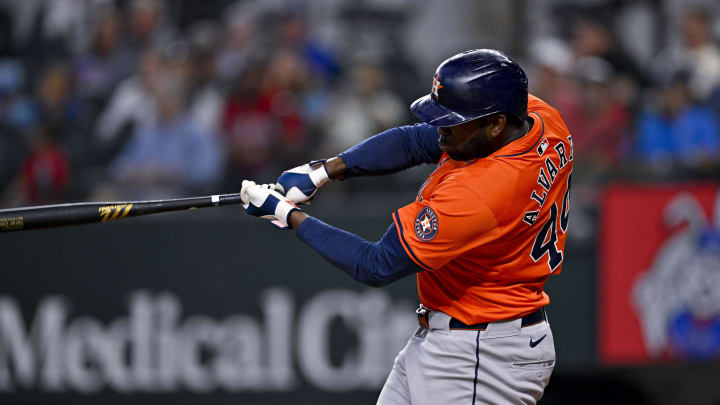 Houston Astros left fielder Yordan Alvarez (44) bats against the Texas Rangers during the fifth inning at Globe Life Field on Aug 7.