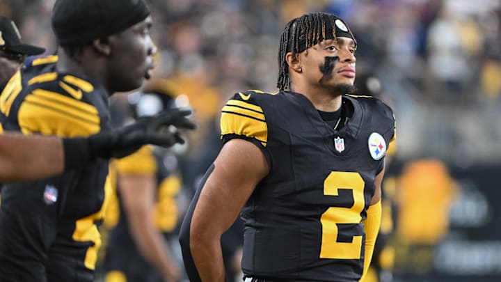 Oct 28, 2024; Pittsburgh, Pennsylvania, USA; Pittsburgh Steelers quarterback Justin Fields (2) watches the action during the first quarter of a game against the New York Giants at Acrisure Stadium. Mandatory Credit: Barry Reeger-Imagn Images