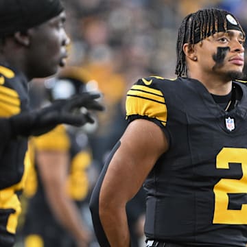 Oct 28, 2024; Pittsburgh, Pennsylvania, USA; Pittsburgh Steelers quarterback Justin Fields (2) watches the action during the first quarter of a game against the New York Giants at Acrisure Stadium. Mandatory Credit: Barry Reeger-Imagn Images