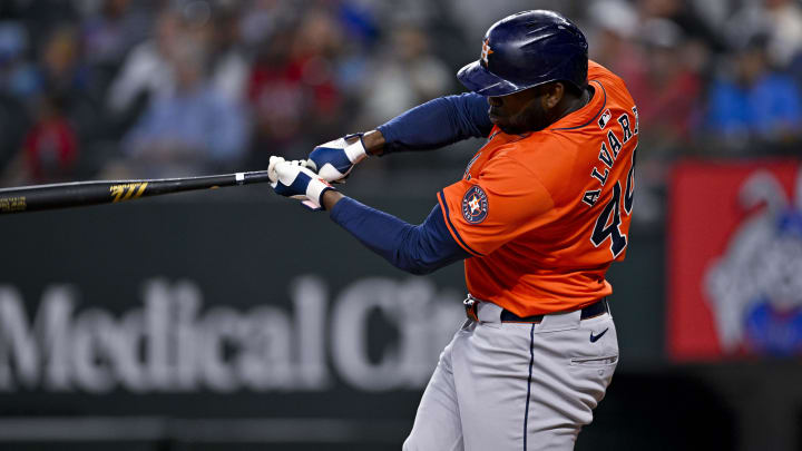 Aug 7, 2024; Arlington, Texas, USA;  Houston Astros left fielder Yordan Alvarez (44) bats against the Texas Rangers during the fifth inning at Globe Life Field. Mandatory Credit: Jerome Miron-USA TODAY Sports