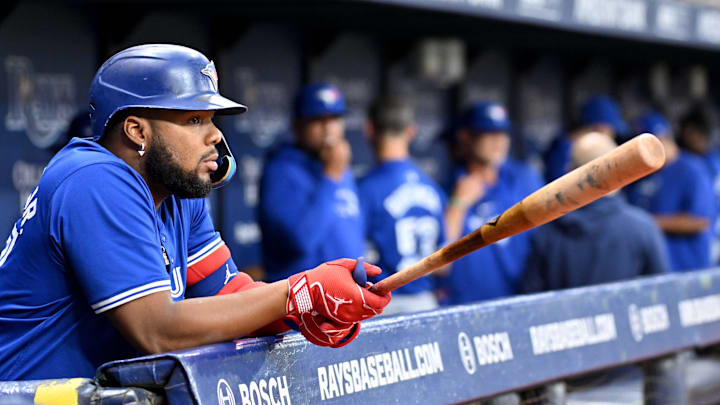 Sep 20, 2024; St. Petersburg, Florida, USA; Toronto Blue Jays first baseman Vladimir Guerrero Jr. (27) prepares for the start of the game against the Tampa Bay Rays at Tropicana Field. Sep 20, 2024; St. Petersburg, Florida, USA; Toronto Blue Jays first baseman Vladimir Guerrero Jr. (27) prepares for the start of the game against the Tampa Bay Rays at Tropicana Field.