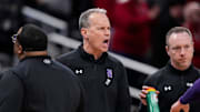 Northwestern Wildcats head coach Chris Collins yells to players on the court Thursday, March 13, 2025, during the second round of the men's Big Ten tournament at Gainbridge Fieldhouse in Indianapolis. The Wisconsin Badgers defeated the Northwestern Wildcats, 70-63.