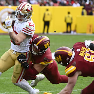 Dec 31, 2023; Landover, Maryland, USA; San Francisco 49ers running back Christian McCaffrey (23) is tackled by Washington Commanders linebacker Cody Barton (57)  during the second half at FedExField. Mandatory Credit: Brad Mills-Imagn Images