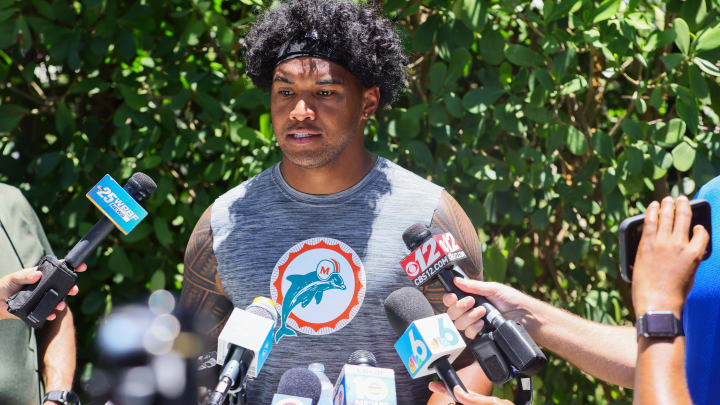 Miami Dolphins quarterback Tua Tagovailoa speaks to reporters after a minicamp practice at Baptist Health Training Complex. 