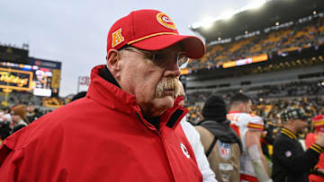 Dec 25, 2024; Pittsburgh, Pennsylvania, USA; Kansas City Chiefs head coach Andy Reid leaves the field  following their game against the Pittsburgh Steelers at Acrisure Stadium. Mandatory Credit: Barry Reeger-Imagn Images