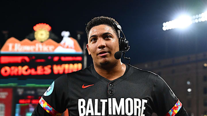 Sep 5, 2025; Baltimore, Maryland, USA;  Baltimore Orioles catcher Samuel Basallo (29) is interviewed after hitting a walk off home run during the ninth inning against the Los Angeles Dodgers at Oriole Park at Camden Yards. Mandatory Credit: James A. Pittman-Imagn Images