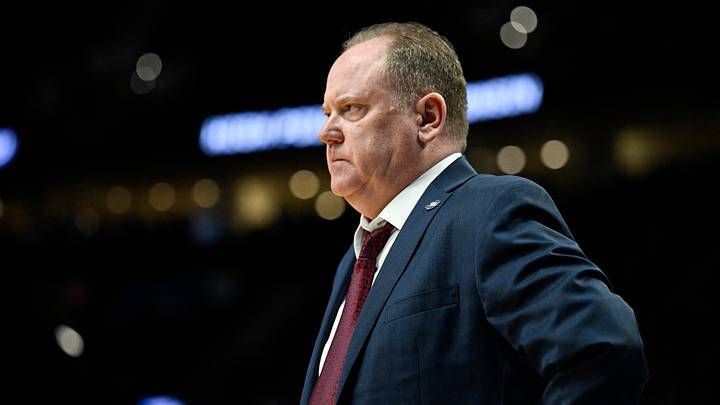 Mar 19, 2026; Portland, OR, USA; Wisconsin Badgers head coach Greg Gard reacts during the first half of a first round game of the men's 2026 NCAA Tournament against the High Point Panthers at Moda Center. Mandatory Credit: Troy Wayrynen-Imagn Images