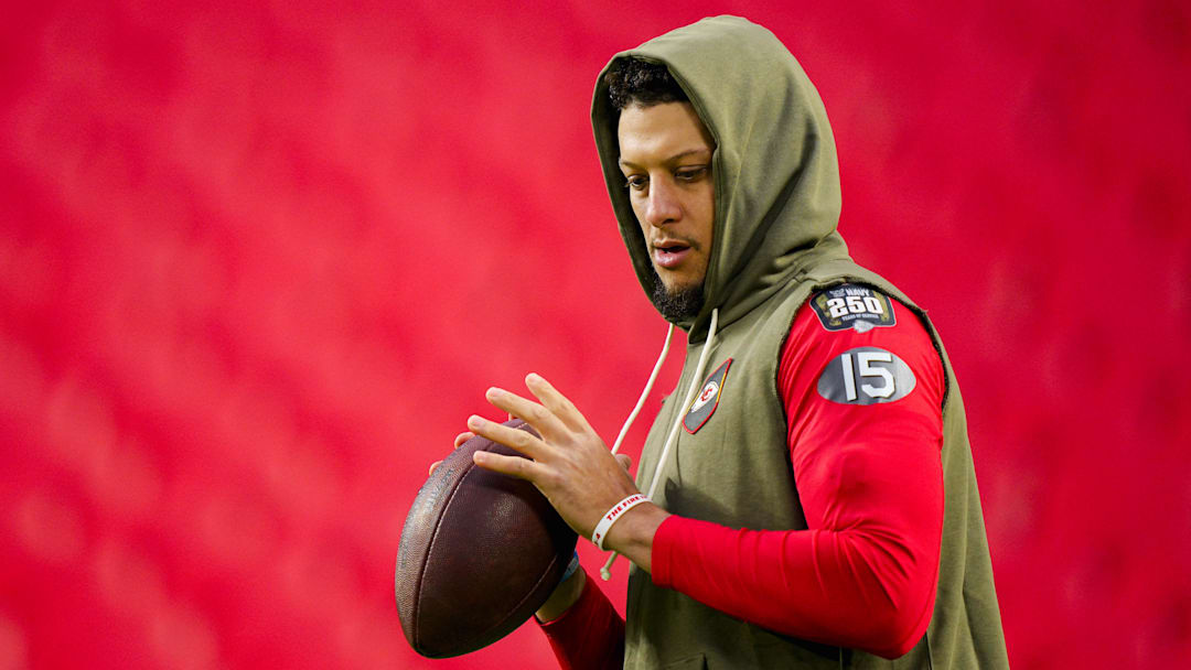 Oct 27, 2025; Kansas City, Missouri, USA; Kansas City Chiefs quarterback Patrick Mahomes (15) warms up prior to a game against the Washington Commanders at GEHA Field at Arrowhead Stadium. Mandatory Credit: Jay Biggerstaff-Imagn Images