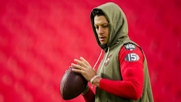 Oct 27, 2025; Kansas City, Missouri, USA; Kansas City Chiefs quarterback Patrick Mahomes (15) warms up prior to a game against the Washington Commanders at GEHA Field at Arrowhead Stadium. Mandatory Credit: Jay Biggerstaff-Imagn Images