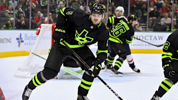 Dec 16, 2024; Dallas, Texas, USA; Dallas Stars defenseman Lian Bichsel (6) in action during the game between the Dallas Stars and the Washington Capitals at American Airlines Center. Mandatory Credit: Jerome Miron-Imagn Images