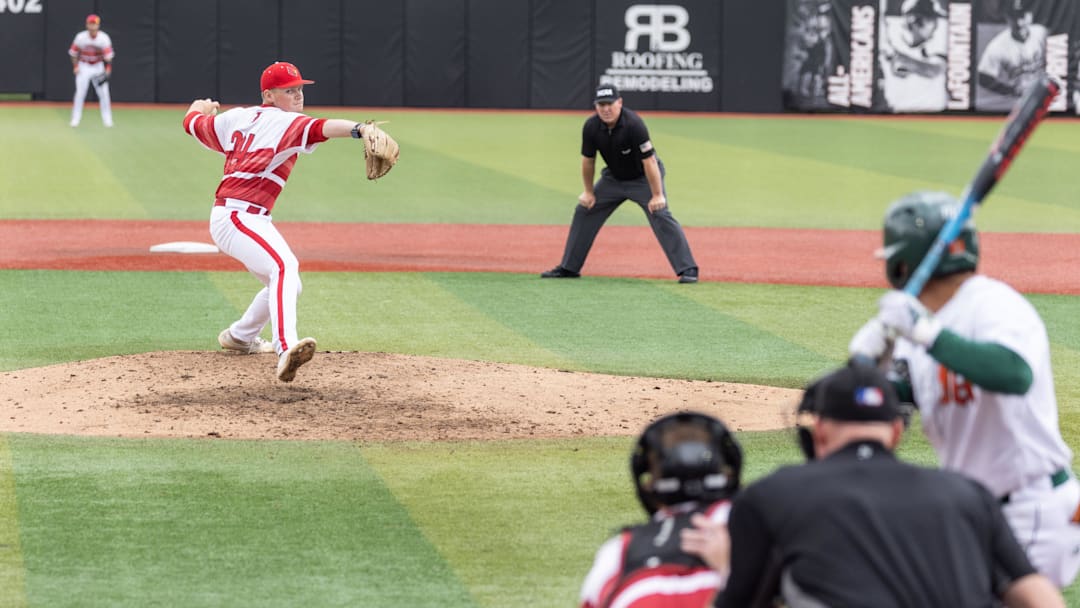 Louisville pitcher Wyatt Danilowicz winds up on the mound during the NCAA baseball Super Regional game 2 at Jim Patterson Stadium on June 7, 2025 in Louisville, Ky.