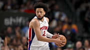 Mar 21, 2025; Dallas, Texas, USA; Detroit Pistons guard Cade Cunningham (2) brings the ball up court against the Dallas Mavericks during the second half at the American Airlines Center. Mandatory Credit: Jerome Miron-Imagn Images