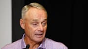 Rob Manfred, Commissioner of the MLB, speaks to the media during Cactus League media day at the Arizona Biltmore on Feb. 18, 2025, in Phoenix.