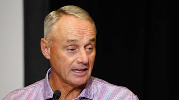Rob Manfred, Commissioner of the MLB, speaks to the media during Cactus League media day at the Arizona Biltmore on Feb. 18, 2025, in Phoenix.