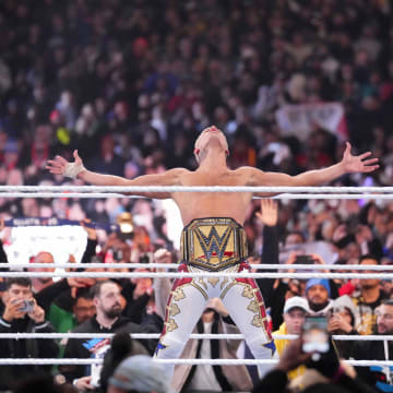 Apr 7, 2024; Philadelphia, PA, USA; 	WWE Universal Championship match between Roman Reigns and Cody Rhodes
 during Wrestlemania XL Sunday at Lincoln Financial Field. Mandatory Credit: Joe Camporeale-USA TODAY Sports