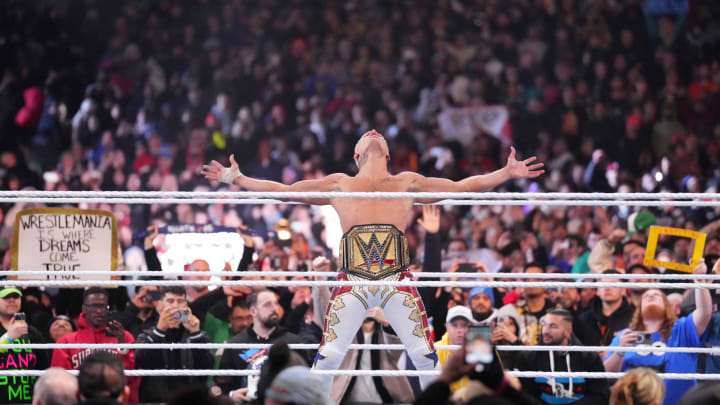 Apr 7, 2024; Philadelphia, PA, USA; 	WWE Universal Championship match between Roman Reigns and Cody Rhodes
 during Wrestlemania XL Sunday at Lincoln Financial Field. Mandatory Credit: Joe Camporeale-USA TODAY Sports