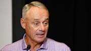 Rob Manfred, Commissioner of the MLB, speaks to the media during Cactus League media day at the Arizona Biltmore on Feb. 18, 2025, in Phoenix.