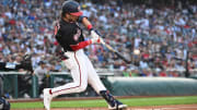 Aug 28, 2024; Washington, District of Columbia, USA; Washington Nationals center fielder Dylan Crews (3) hits his first career home run against the New York Yankees during the first inning at Nationals Park. 