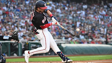 Aug 28, 2024; Washington, District of Columbia, USA; Washington Nationals center fielder Dylan Crews (3) hits his first career home run against the New York Yankees during the first inning at Nationals Park. 