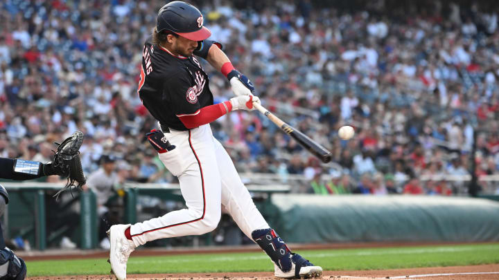 Aug 28, 2024; Washington, District of Columbia, USA; Washington Nationals center fielder Dylan Crews (3) hits his first career home run against the New York Yankees during the first inning at Nationals Park. 