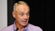 Rob Manfred, Commissioner of the MLB, speaks to the media during Cactus League media day at the Arizona Biltmore on Feb. 18, 2025, in Phoenix.