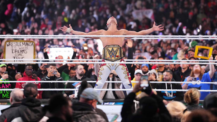 Apr 7, 2024; Philadelphia, PA, USA; 	WWE Universal Championship match between Roman Reigns and Cody Rhodes
 during Wrestlemania XL Sunday at Lincoln Financial Field. Mandatory Credit: Joe Camporeale-Imagn Images