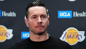 Mar 17, 2025; Los Angeles, California, USA; Los Angeles Lakers coach JJ Redick at press conference at the Crypto.com Arena. Mandatory Credit: Kirby Lee-Imagn Images