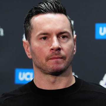 Mar 17, 2025; Los Angeles, California, USA; Los Angeles Lakers coach JJ Redick at press conference at the Crypto.com Arena. Mandatory Credit: Kirby Lee-Imagn Images