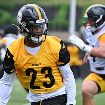 Jul 25, 2025; Pittsburgh, PA, USA; Pittsburgh Steelers cornerback Darius Slay (23) participates in drills during training camp at Saint Vincent College. Mandatory Credit: Barry Reeger-Imagn Images
