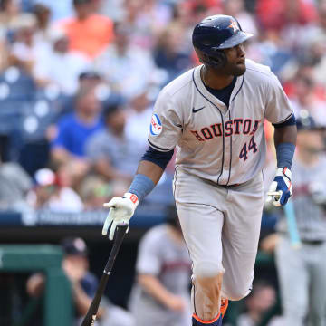 Aug 28, 2024; Philadelphia, Pennsylvania, USA; Houston Astros outfielder Yordan Alvarez (44) looks on after hitting a home run against the Philadelphia Phillies in the seventh inning at Citizens Bank Park. 